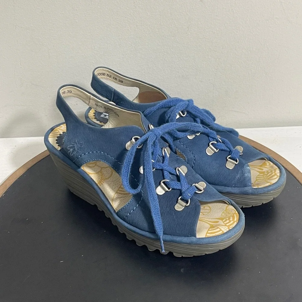 Fly London Slingback Wedge Sandals 8.5 / 39‎ Blue Suede Leather Lace Up Casual